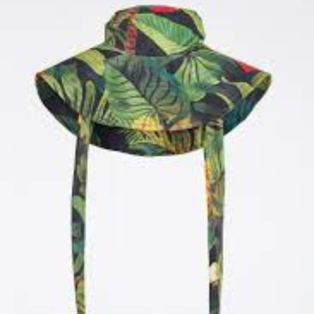 Farm Rio Cocoa Bucket Hawaii Palm Leaf Forest Tie Straps Amazon Jungle Sun Hat